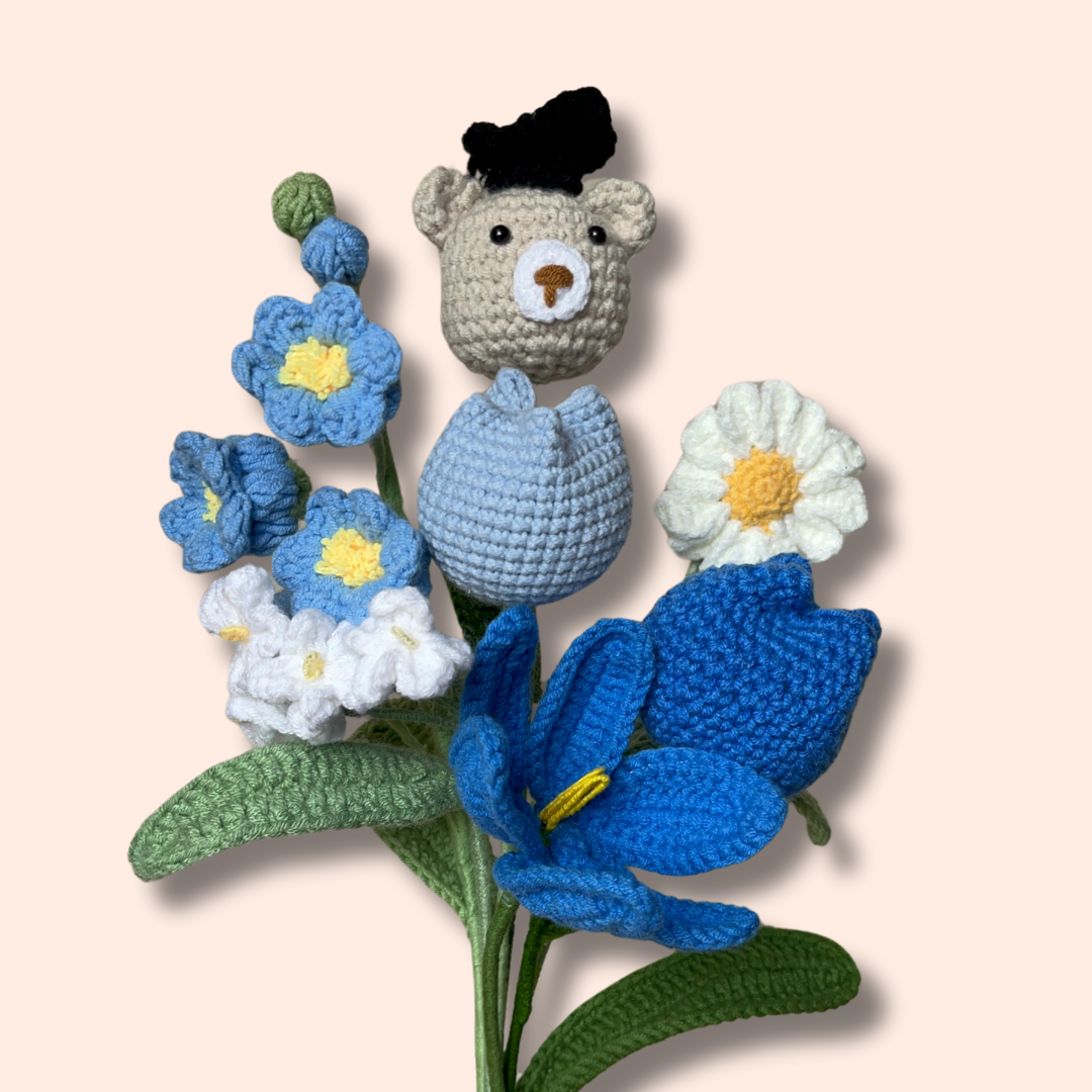 Crocheted Blue Graduate Bear Bouquet